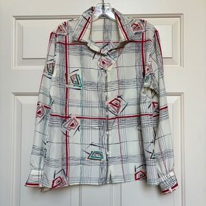 Bleyle Vintage 80s Geometric Grid Abstract Button Down Blouse White Red 12 READ